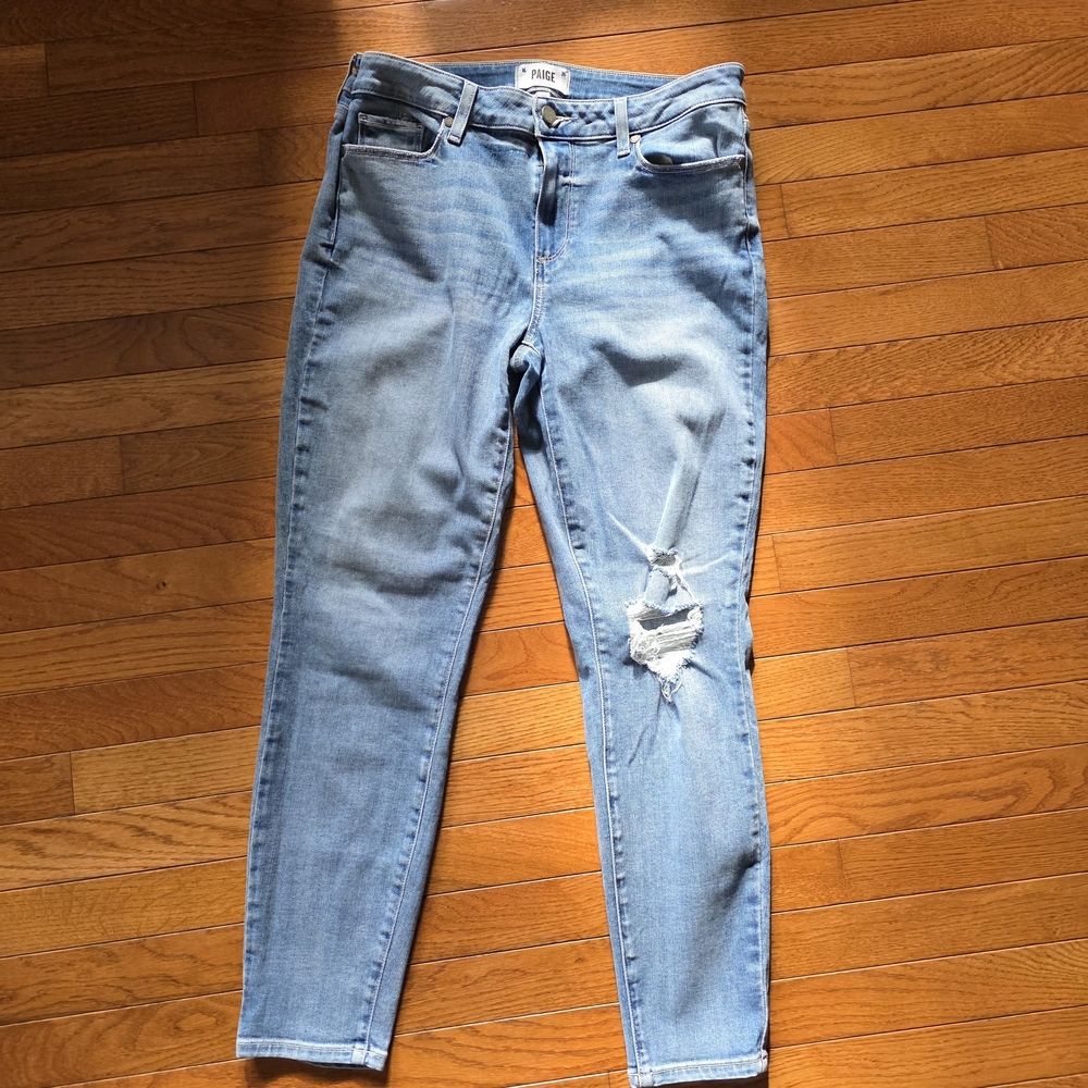 PAIGE Light Blue Skinny Jeans with Distressed Detail